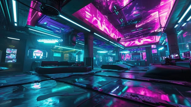 The picture of the gaming room that has been filled with the various technology like big monitor, neon light and computer in the bright neon room yet feel gloomy because shadow inside room. AIGX01.