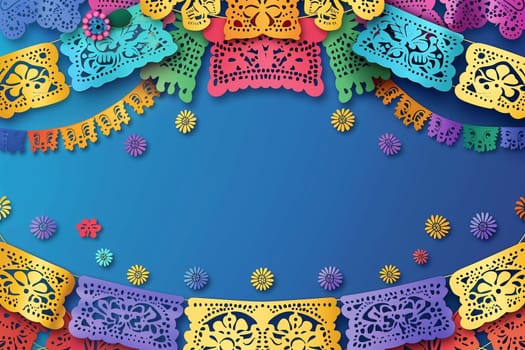 Vibrant paper cutouts and colorful flowers create a festive background, evoking the spirit of Cinco de Mayo celebration.