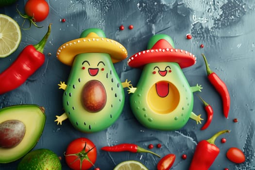 Two avocado halves with faces and sombreros surrounded by tomatoes, chili peppers, and lime for a festive celebration.