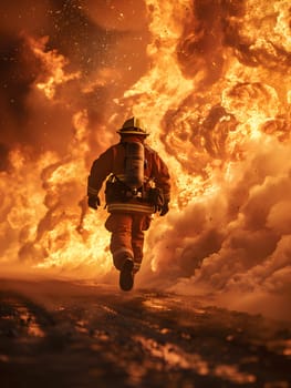 A firefighter is sprinting in the foreground of a massive blaze, with thick smoke and flames engulfing the scene, creating a hazardous atmosphere