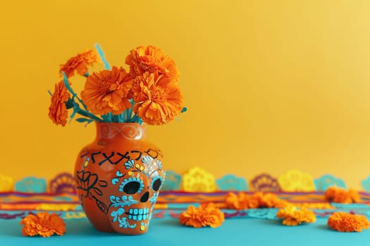 A skull-shaped vase filled with colorful flowers placed on a table.