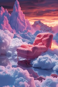 A pink couch is sitting on a table in a snowy mountain valley. The couch is surrounded by clouds and mountains, creating a serene and peaceful atmosphere