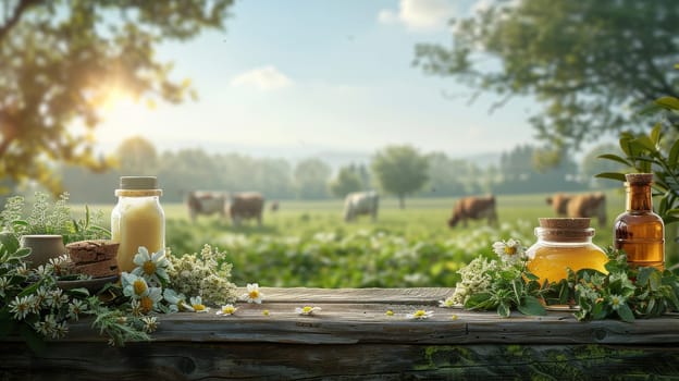 A wooden table with jars of honey and other items, and a view of cows in the background