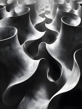 A black and white closeup photo of a maze of metal pipes resembling a plants petal pattern. Monochrome photography style highlights the intricate tints and shades