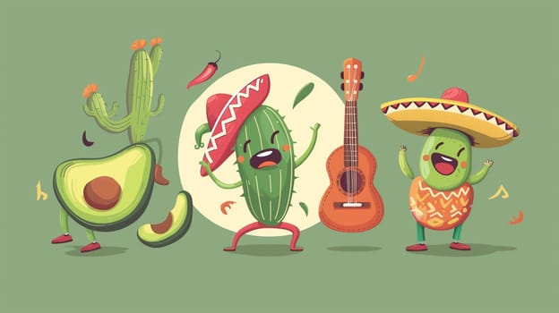Cartoon characters of an avocado, jalapeno, and cactus celebrate Cinco de Mayo with a guitar and sombrero.