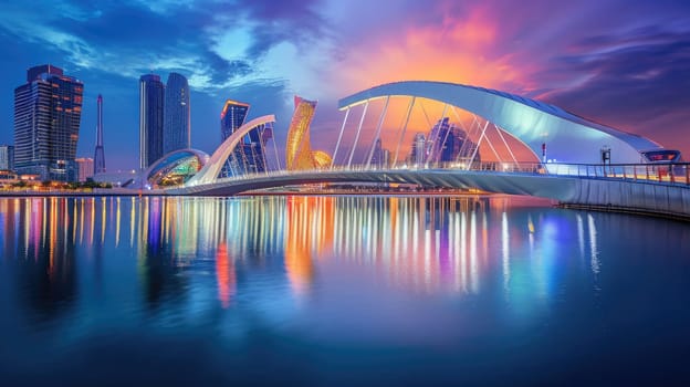 Panoramic twilight view over a sleek modern bridge with city architecture reflections. Resplendent.