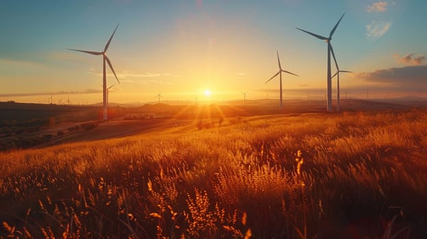 A field of wind turbines with the sun setting in the background.