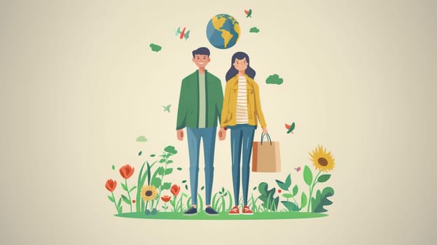 A cheerful couple stands together amidst vibrant spring flowers, symbolizing a commitment to the environment on Earth Day. The man and woman are surrounded by a variety of flora, with a stylized globe floating above them, suggesting a global awareness and eco-friendly lifestyle. The presence of reusable bags and the greenery reinforce the theme of sustainability and personal contribution to the health of the planet.