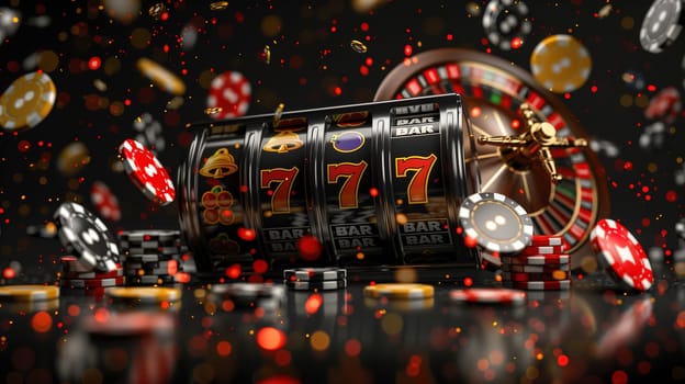 A detailed close-up showcases the shiny reels of a slot machine aligning on the lucky number seven, with a roulette wheel in the background amid a shower of golden casino chips and dice, creating a dynamic and exciting atmosphere suggestive of the thrilling world of gambling.