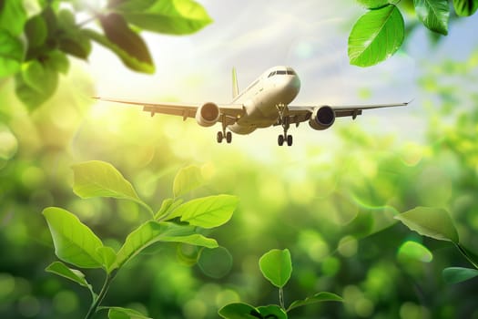 A commercial airplane flying above a vibrant and lush green field on a bright sunny day.