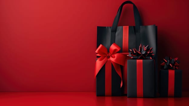 A black and red gift bag adorned with a vibrant red bow. This gift bag evokes the spirit of the sale season, perhaps for Black Friday shopping. The contrasting colors create a striking visual impact.