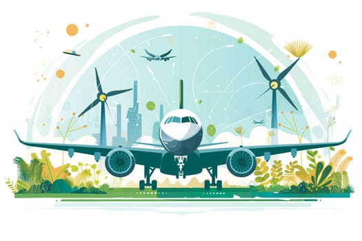 A colorful illustration depicts a sustainable airplane integrating with the green environment featuring wind turbines and plants, symbolizing eco-friendly aviation.