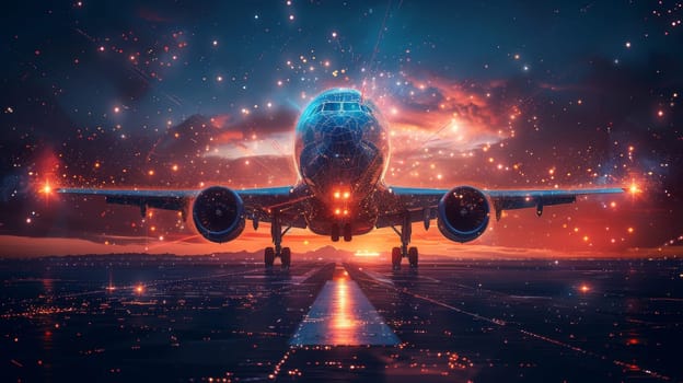 A plane is flying through a city at night with a bright orange sun in the background. The sky is filled with glowing lights, creating a surreal and dreamlike atmosphere