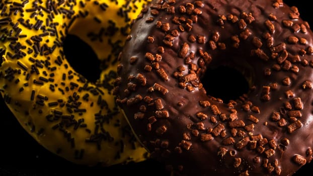 Glazed donuts with sprinkles isolated. Close up of colorful donuts.