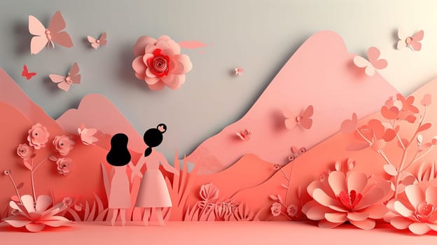 A paper cut artwork depicting a girl and a boy standing in a field of colorful flowers. The intricate cutout design showcases the children surrounded by vibrant blooms, capturing a moment of innocence and beauty.