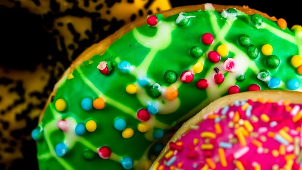 Glazed donuts with sprinkles isolated. Close up of colorful donuts.