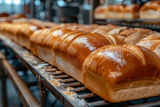 Multiple loaves of bread are neatly arranged on a metal rack, ready for display or sale.
