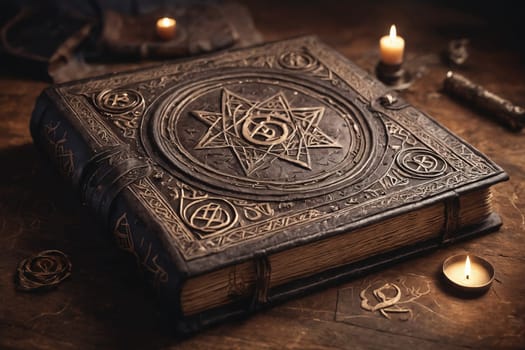 The spotlight is on an ornate spellbook surrounded by esoteric tools in this image, creating an atmosphere filled with mystery and magic. Ideal for mystical-related themes, occult stores, witchcraft articles, or fantasy narratives.