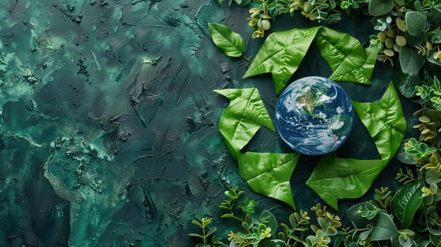 A representation of Earth Day, with a detailed globe at the center of a recycling symbol, intricately composed of lush green leaves, set against a textured emerald backdrop. The scene symbolizes environmental awareness and the importance of recycling for planet conservation.