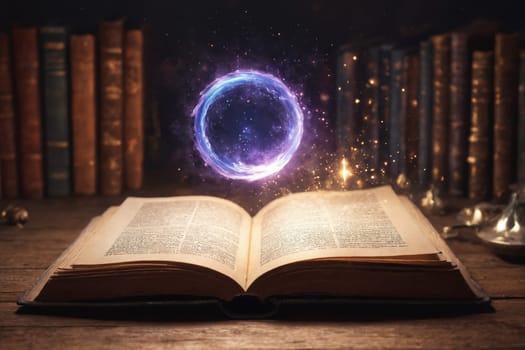 The image features an illuminated book emitting flames that signifies mystical power. Perfect artwork for fantasy storytelling, magical events or game projects.