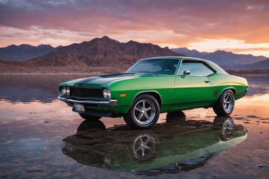 The image showcases a vintage green car parked near a reflective mountain pool. Ideal for car enthusiasts or vintage-themed projects.