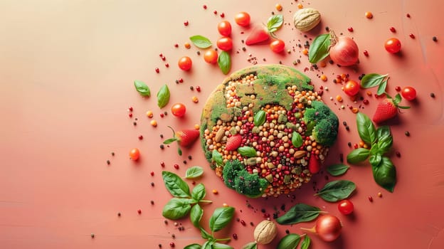 A fresh green piece of broccoli is seen on a pink surface, covered with colorful sprinkles. The juxtaposition of the healthy vegetable with the sugary topping creates a visually striking contrast.