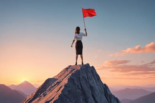 An inspiring depiction of a person celebrating their mountain summit achievement with a red flag. Ideal for any adventure or challenge-oriented concept.