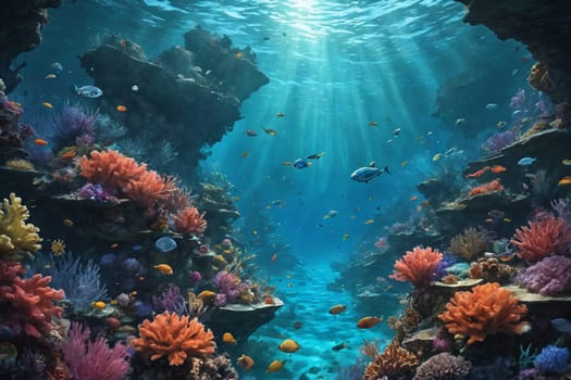 Dive into the tranquility of underwater life with this image showcasing sunlight-kissed corals and a variety of tropical fish. Ideal for marine biology or conservation themes.