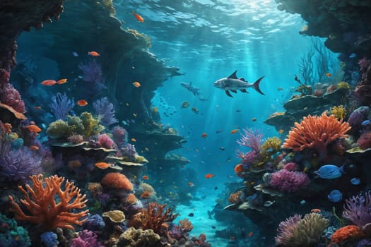 The scene captures a vibrant display of coral reef biodiversity under sunlit waters. Perfect for highlighting the beauty and complexity of marine ecosystems.