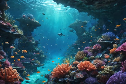 Experience the wonder of a sunlit underwater scape teeming with colorful corals and a diverse array of fish. Suited for educational, travel, or nature-focused uses.