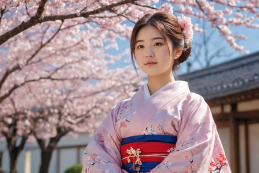 Japanese culture comes alive with a woman in traditional kimono amidst cherry blossom. Ideal for Asian culture-related or fashion-themed concepts.