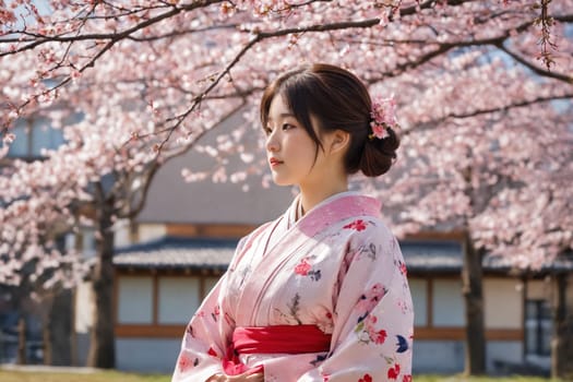This striking image captures a woman wearing a floral kimono with cherry blossoms enhancing the background. Perfect for discussions on Japan, tradition, or fashion resplendence.