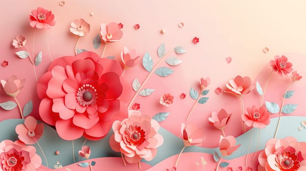 Pink and blue background adorned with various paper flowers of different sizes and shapes. The flowers are made with intricate details and vibrant colors, creating a visually appealing composition.