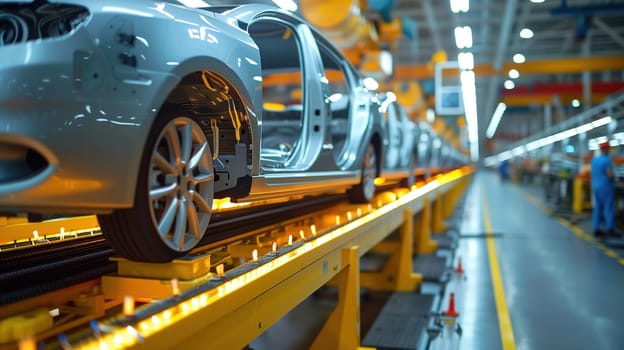 A car is seen moving along a conveyor belt inside a factory. The automated process helps transport the vehicle through different production stages efficiently.