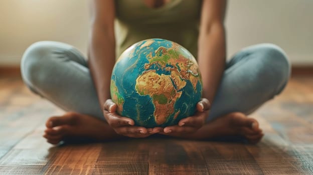 A person is holding a small globe in their hands, showcasing a concept related to Earth Day. The globe is carefully cradled in the persons palms, emphasizing the importance of environmental awareness and conservation.
