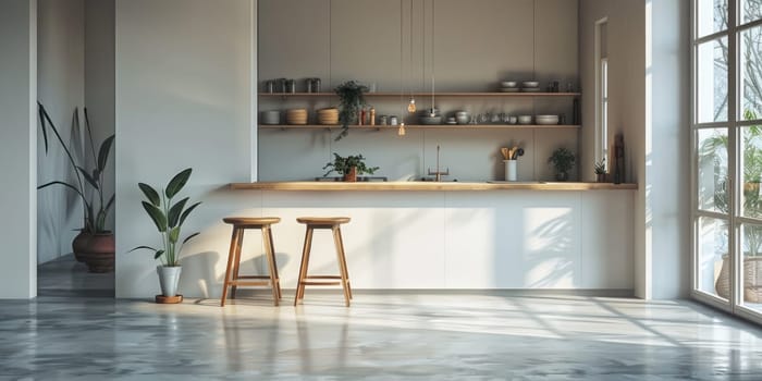 A large kitchen with white cabinets and a wooden counter by AI generated image.