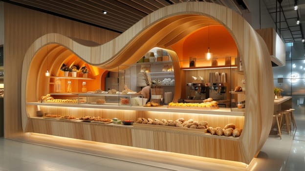 A bakery with a wooden interior and a curved counter. The counter is filled with pastries and bread