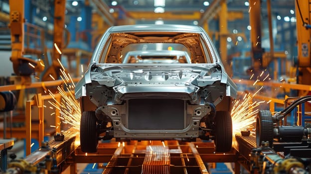 An assembly line in a car manufacturing plant where workers are actively assembling a vehicle. The car is at a stage of being worked on by technicians, with parts being added and inspected for quality control.