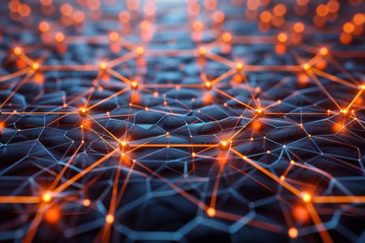 A close up of a network of glowing spheres. The spheres are connected to each other in a web-like pattern. Concept of interconnectedness and complexity