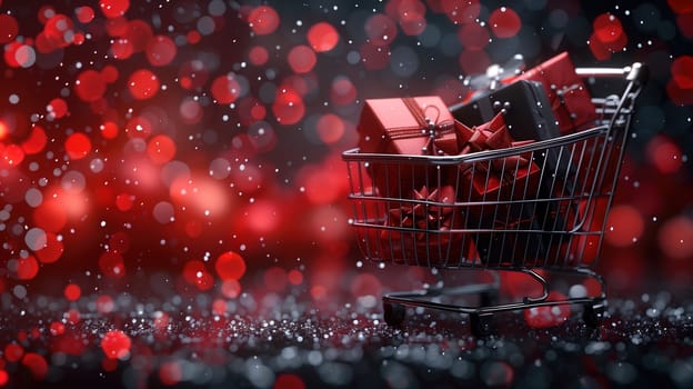 A shopping cart overflowing with presents sits atop a table, symbolizing the sale and Black Friday concepts. The table is covered in various gift items ready for purchase.