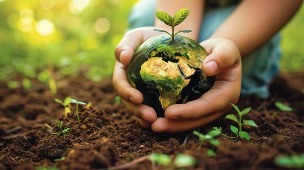 A person is holding a small green plant in their hands. The individuals hands cradle the plant delicately, showing care and concern for nature on Earth Day.