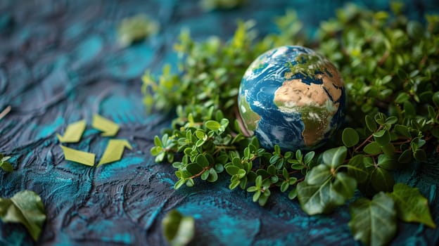 A close-up view of a plant with a globe resting on its leaves, symbolizing the Earth Day concept. The globe is prominently displayed on the green plant.