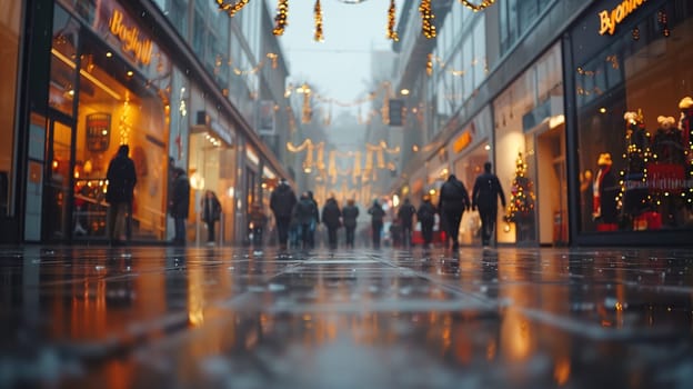 A group of people, possibly shoppers, walking down a busy city street lined with tall buildings. The scene conveys a sense of urban hustle and bustle.