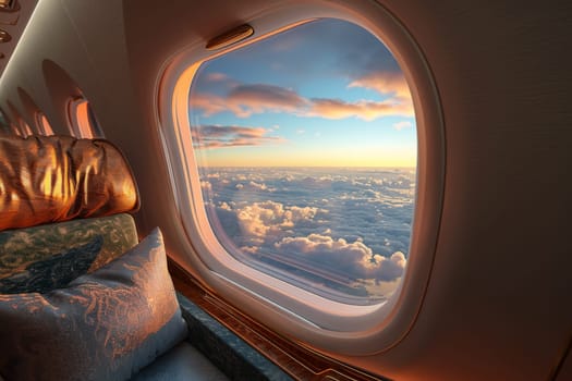 A silver airplane seat with a white cushion and a window in front of it. The window is open and the view is of the sky