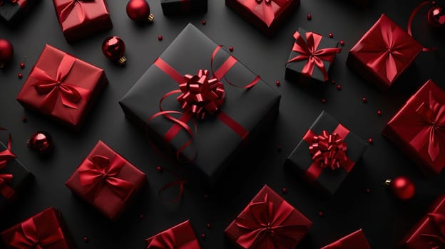 A group of red wrapped presents are neatly arranged on a black surface. The gifts appear festive and ready for a special occasion, possibly in line with the sale or Black Friday concept.