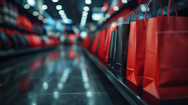 A straight row of vibrant red bags lined up neatly on top of a clean floor. These bags are part of a sale concept, possibly indicating a Black Friday event or promotion.