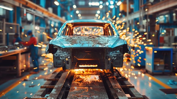 A car is being worked on in a modern factory setting. Workers are assembling parts, testing components, and ensuring quality control standards are met. The production line is busy and efficient.