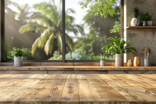 A window with a view of a palm tree and a plant on a wooden table. Scene is peaceful and relaxing