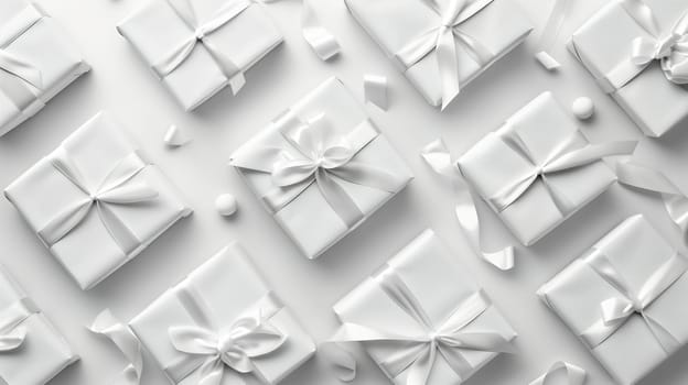 Various white boxes with bows arranged together, symbolizing gifts or presents for a sale event like Black Friday. The boxes are neatly presented, ready for purchase.