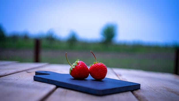 Close up of two strawberries on small black cutting board isolated outdoor on wooden table.